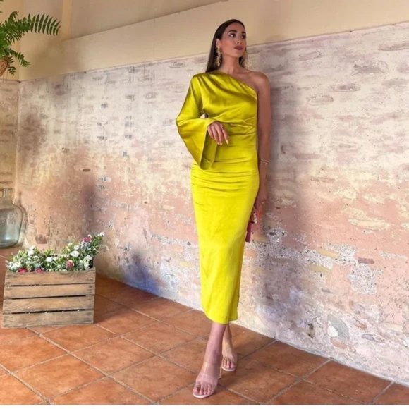 Zara Dresses & Skirts - ZARA Satin Effect Dress Lime Green